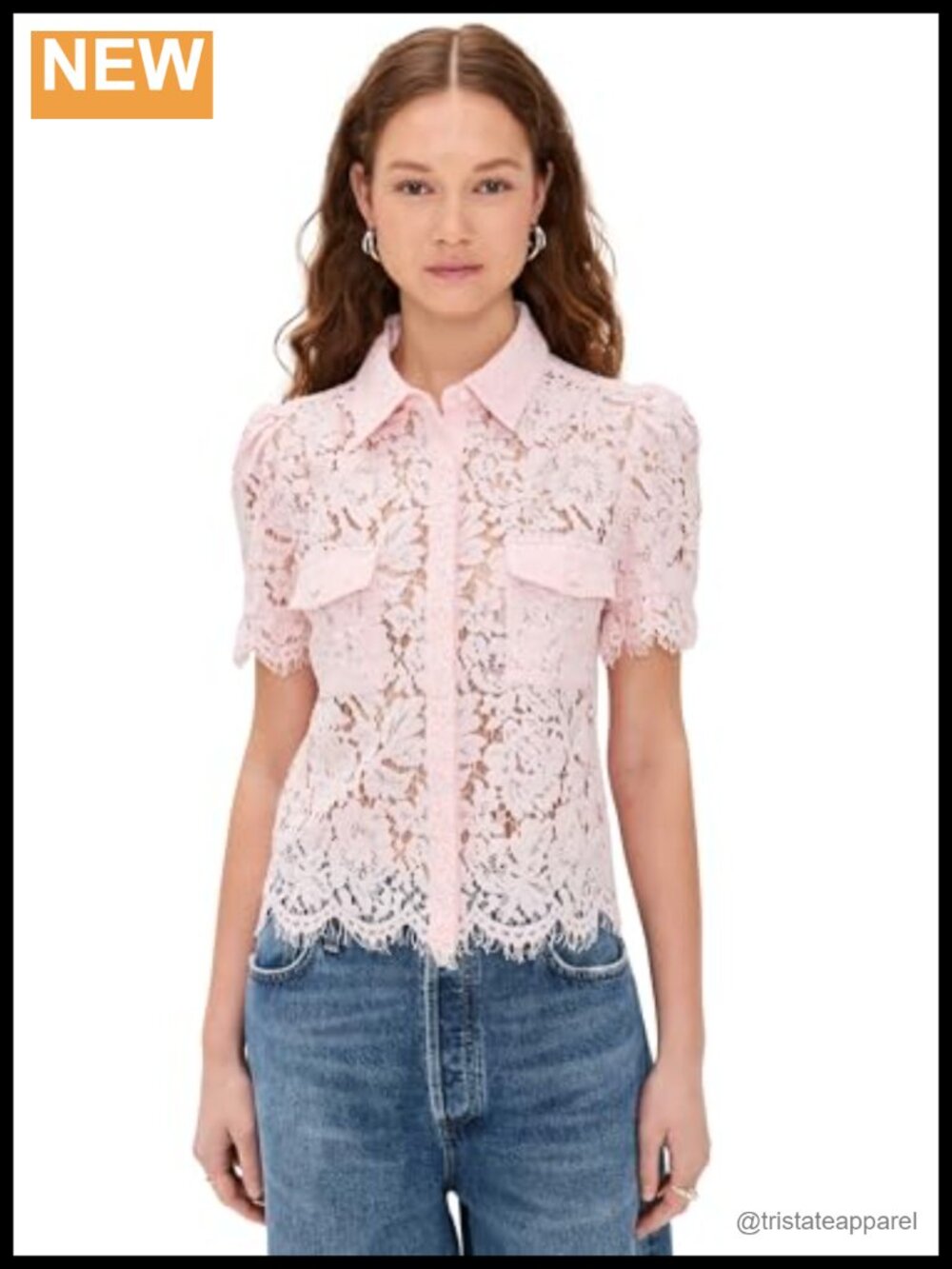 Lace Button-Down Shirt with Puff Sleeves